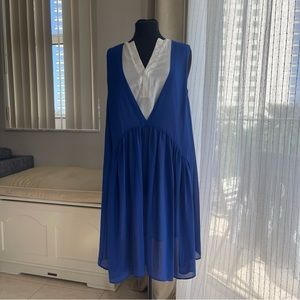 Fano Studios Layered Draped Dress White Blue Ruched Sides L